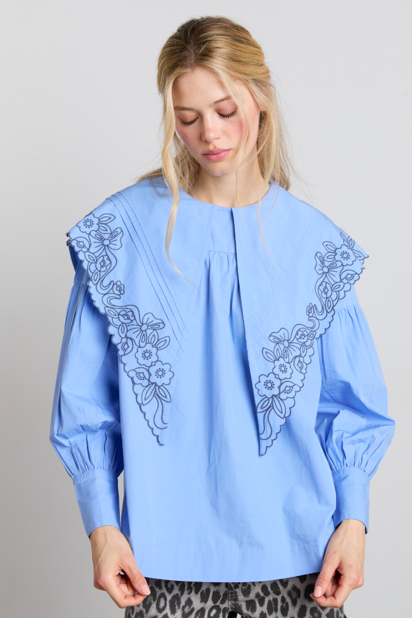 Damson Madder Candy Embroidered Collar Blouse - Blue