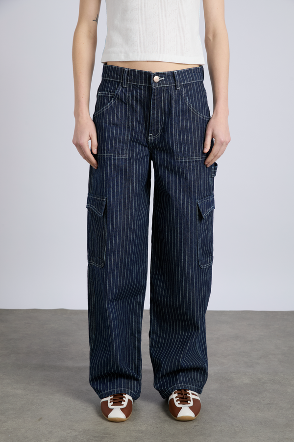Damson Madder Cargo Jeans - Navy Pinstripe