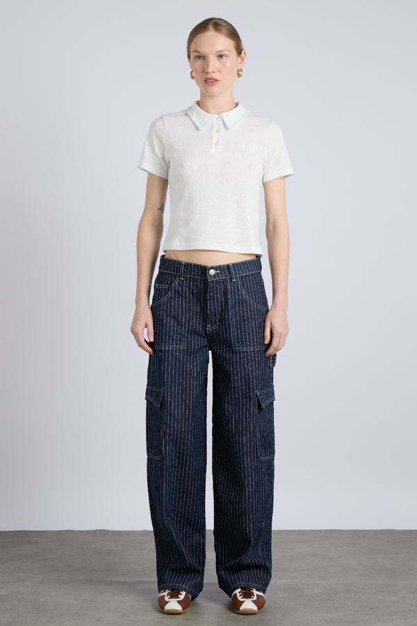 damson madder cargo jeans - navy pinstripe