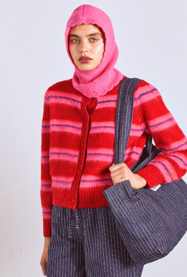 Damson Madder Cece Stripe Cardigan - Red & Pink Stripe