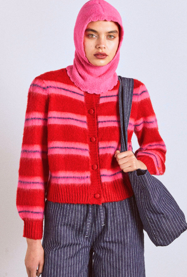 damson madder cece stripe cardigan - red & pink stripe