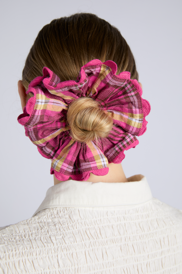 Damson Madder Check Scrunchie With Rik Rak Edge