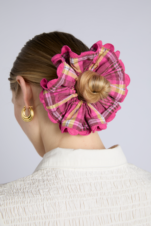 Damson Madder Check Scrunchie With Rik Rak Edge