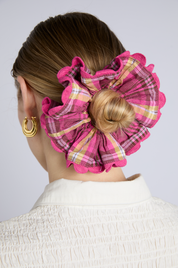 damson madder check scrunchie with rik rak edge