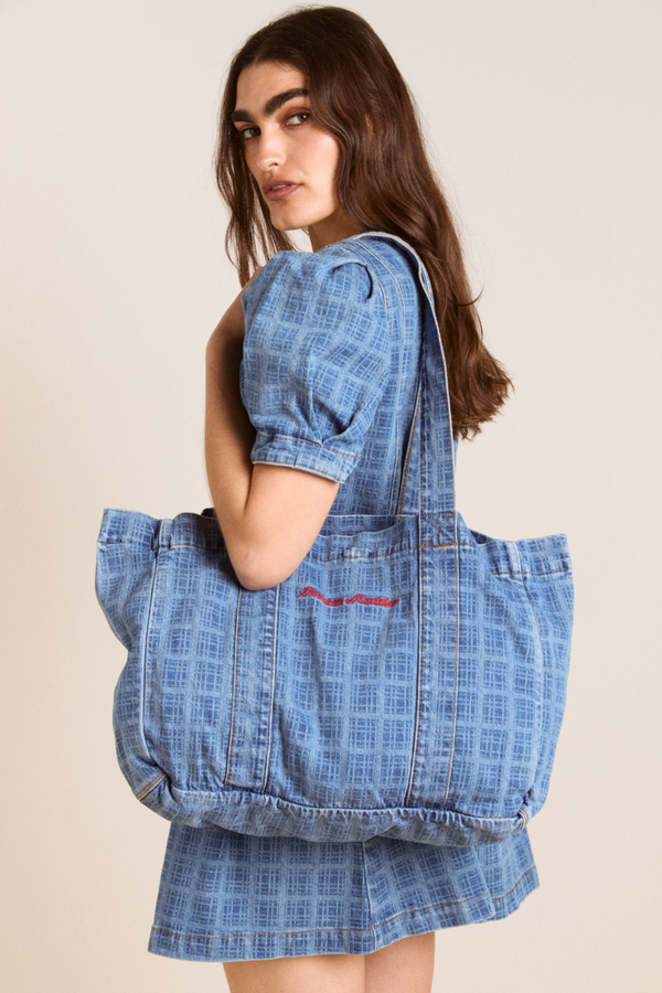 Damson Madder Denim Tote Bag- Laser Check