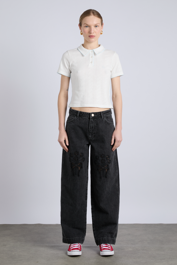 Damson Madder Devon Pointelle Polo Tee - White