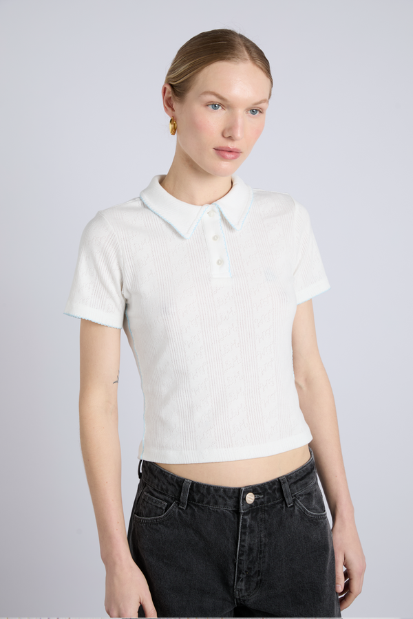 damson madder devon pointelle polo tee - white