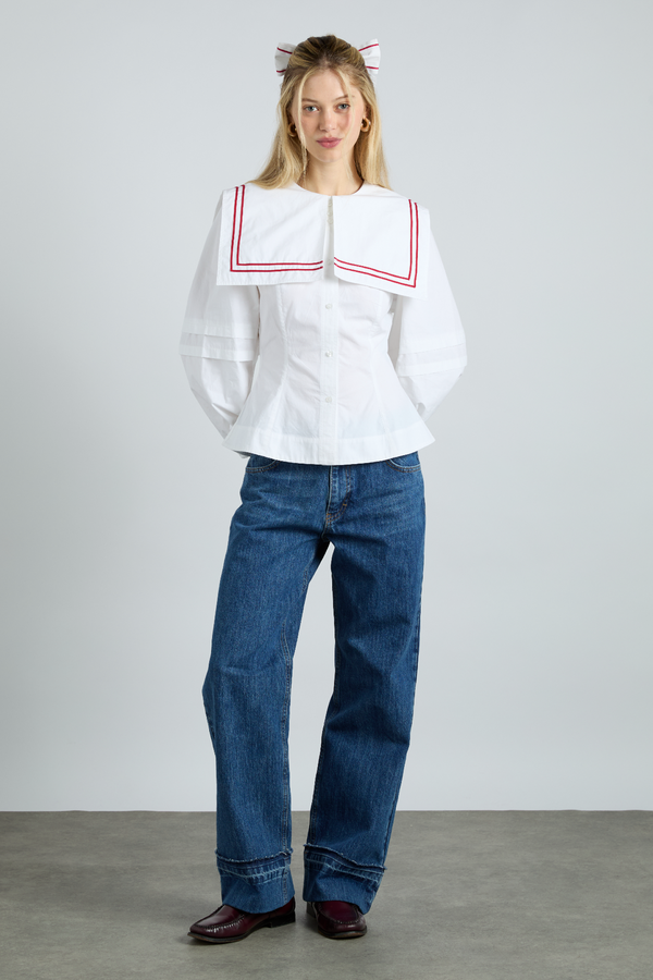 Damson Madder Elise Blouse - White With Red Piping