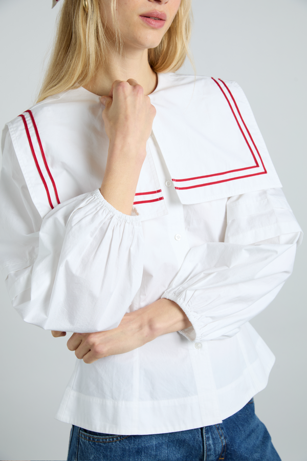 Damson Madder Elise Blouse - White With Red Piping
