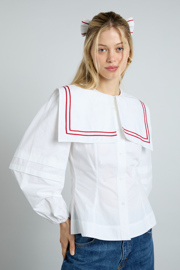 damson madder elise blouse - white with red piping