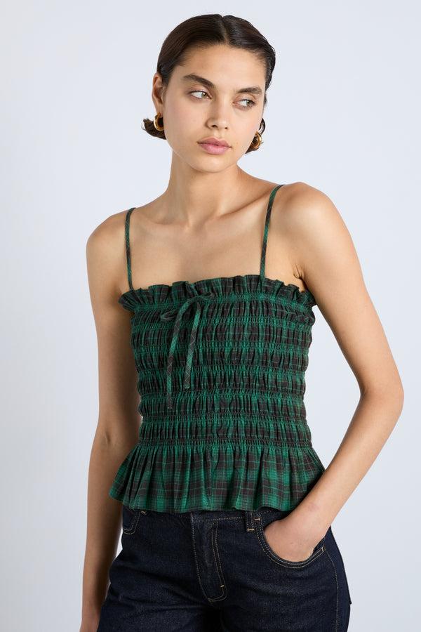 Damson Madder Elsa Shirred Bardot Cami - Green Check