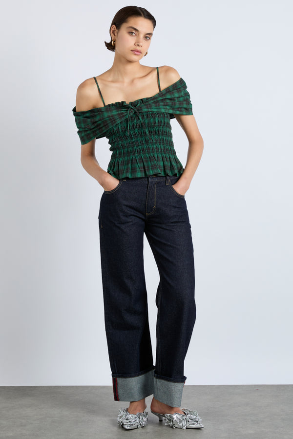 Damson Madder Elsa Shirred Bardot Cami - Green Check