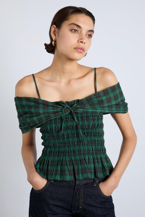 damson madder elsa shirred bardot cami - green check