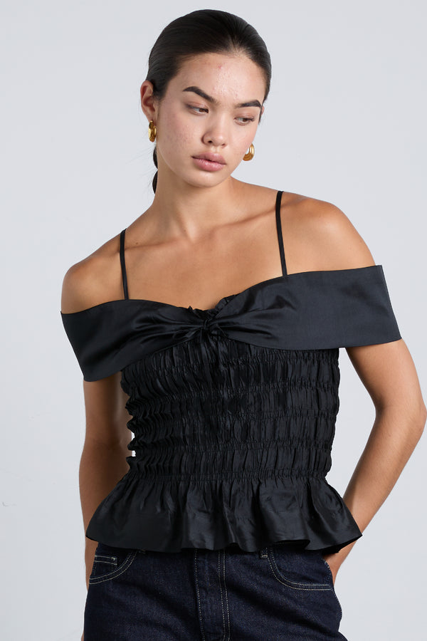 damson madder elsa shirred cami - black taffeta