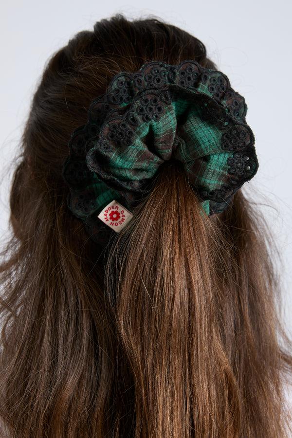 damson madder green check broderie scrunchie