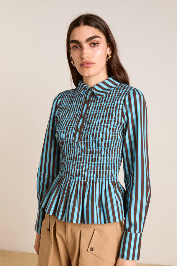 damson madder hazel shirt - blue/choc stripe