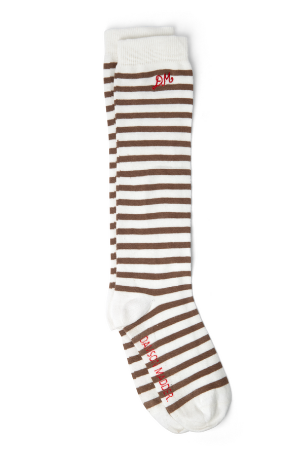 damson madder knee length socks - brown/white stripe