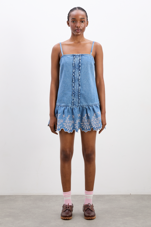 damson madder lana mini dress - embroidered denim