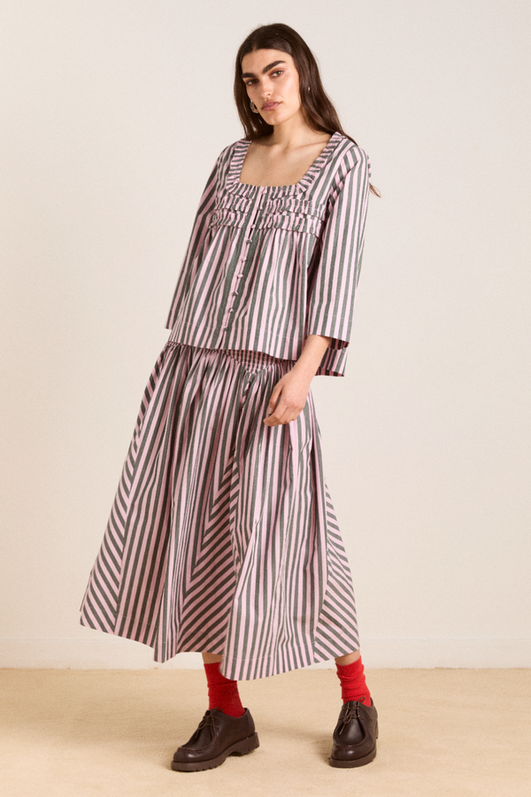 damson madder layla godet midi skirt - garden stripe