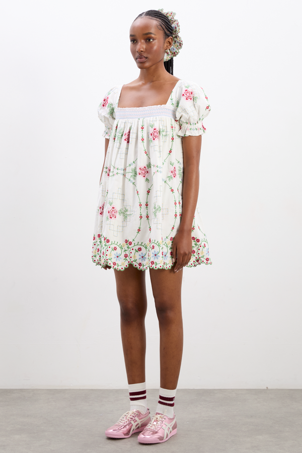 Damson Madder Lulu Mini Dress - Rose Embroidery