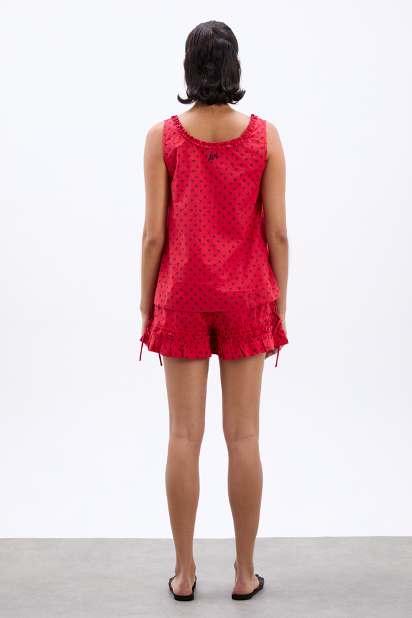 Damson Madder Mafalda Ruffle Neck Top - Red Cherry