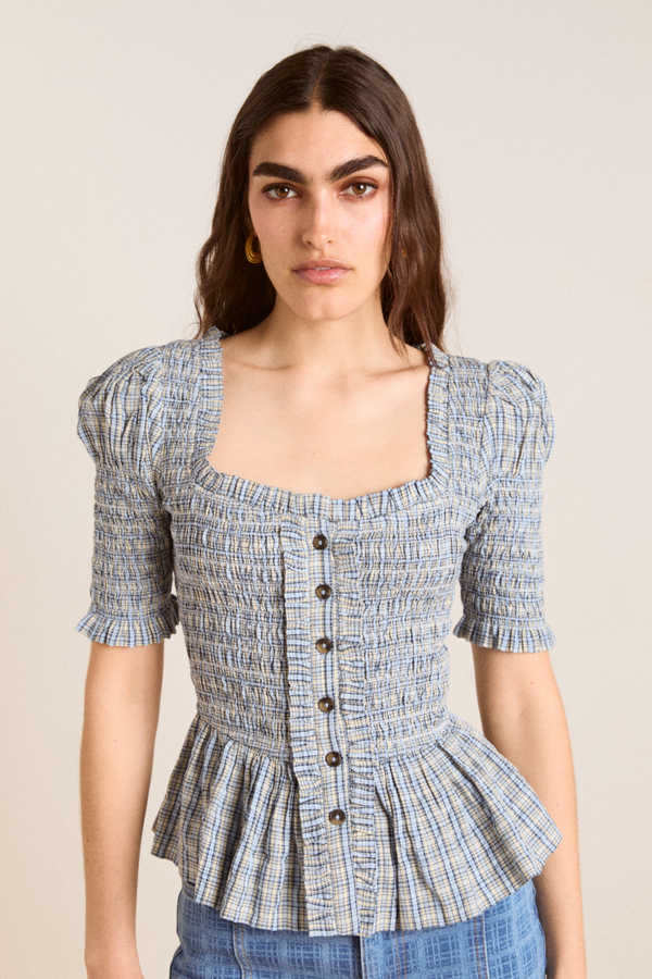 damson madder mansi shirred blouse - cloudy check
