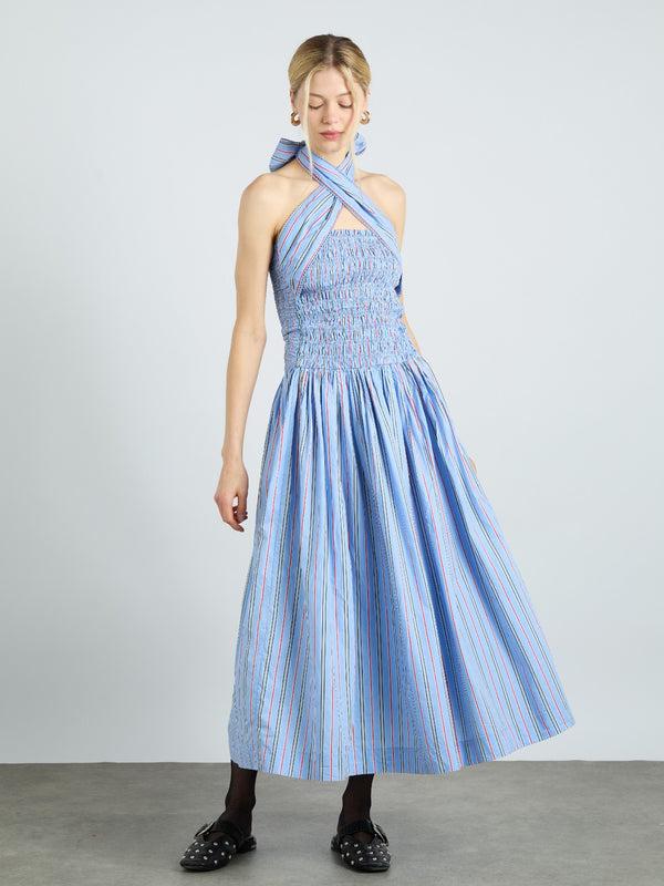 damson madder mia midi dress - bold blue stripe