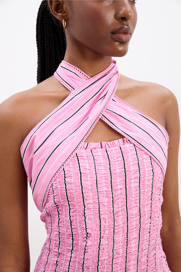 Damson Madder Mia Midi Dress- Pink Business Stripe