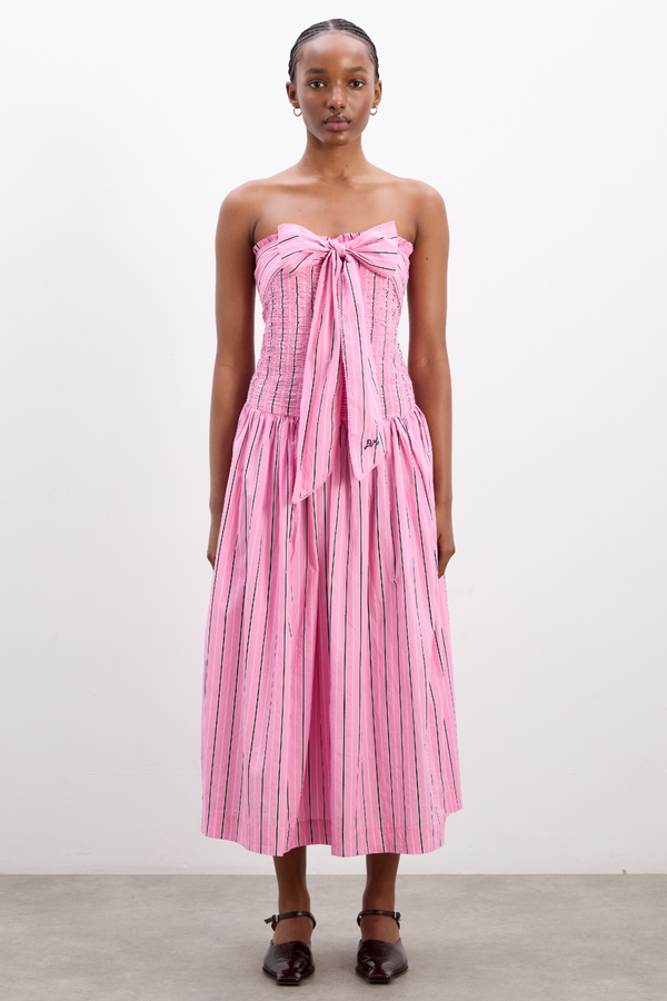 damson madder mia midi dress- pink business stripe