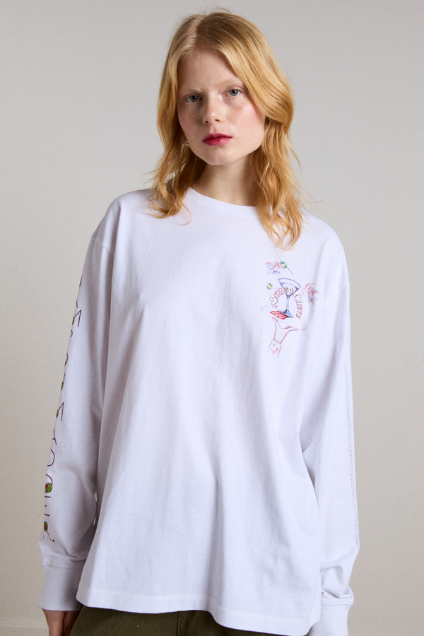 Damson Madder Olive Hotel Long Sleeve Tee - White