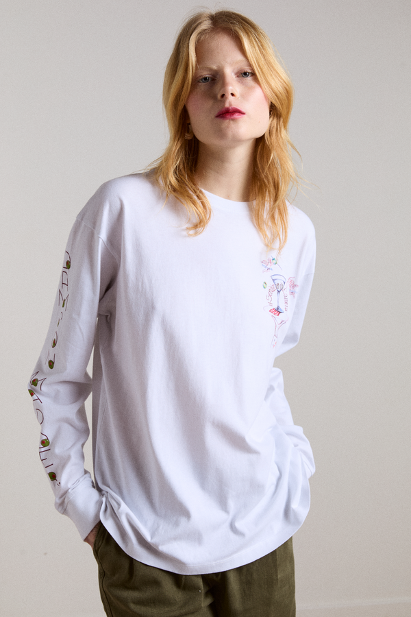 Damson Madder Olive Hotel Long Sleeve Tee - White