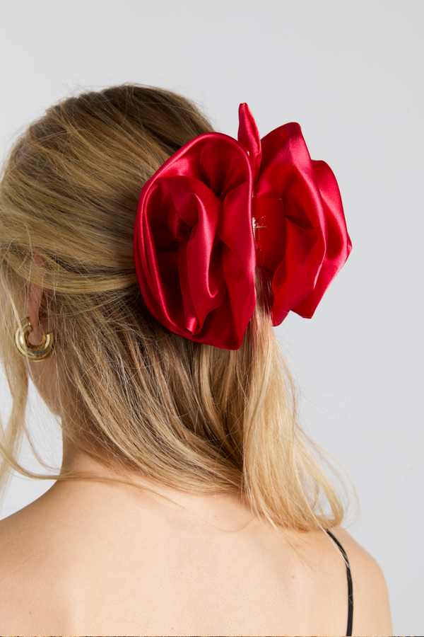 damson madder oversized satin rose hairclip in red
