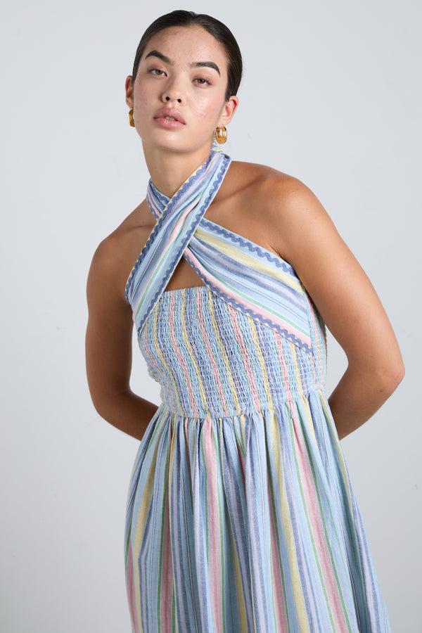 Damson Madder Pia Midi Dress - Pastel Stripe