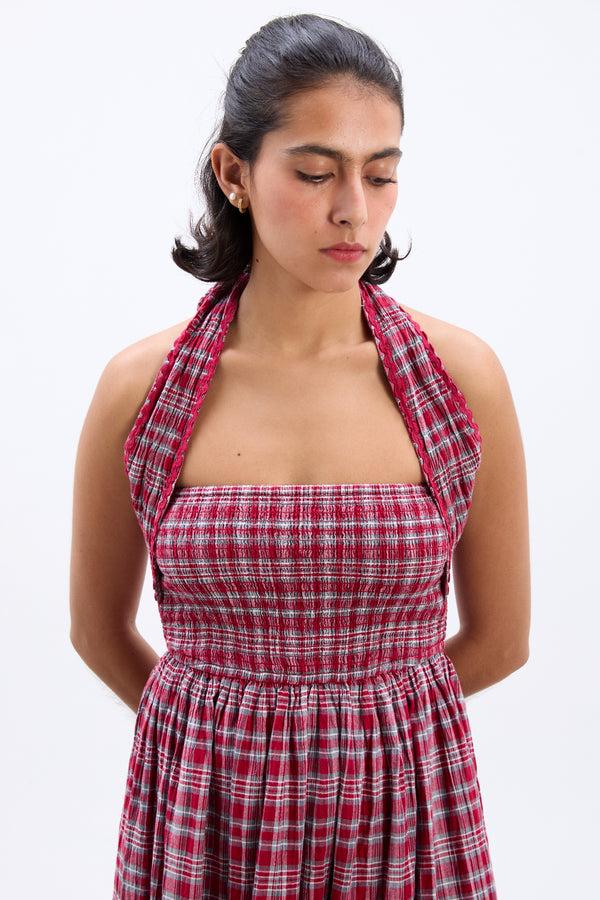 Damson Madder Pia Midi Dress - Red Check
