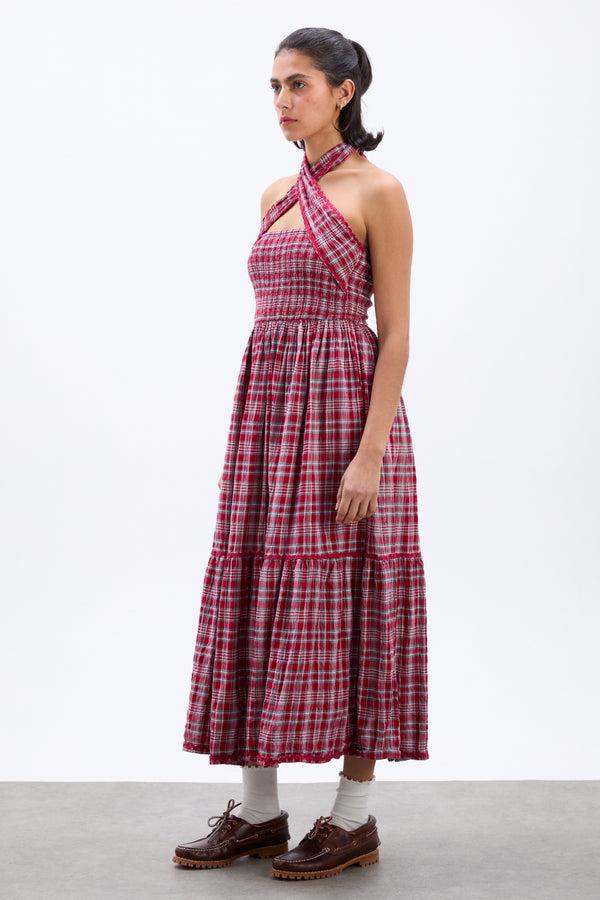 Damson Madder Pia Midi Dress - Red Check