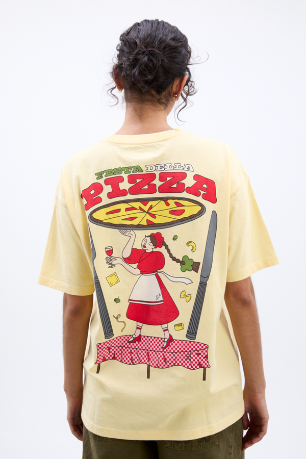 damson madder pizza party boyfriend tee- yellow