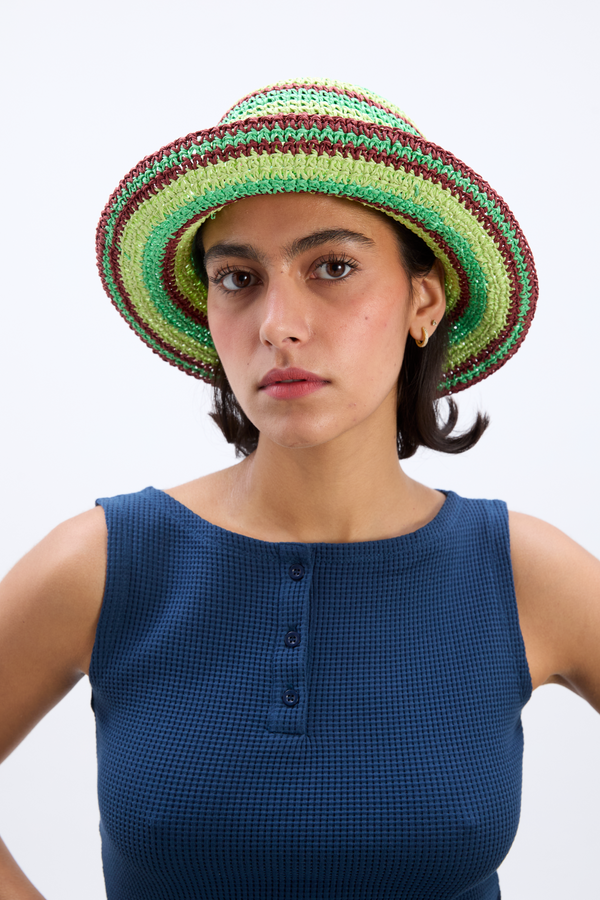 Damson Madder Raffia Bucket Hat In Tropical Stripe