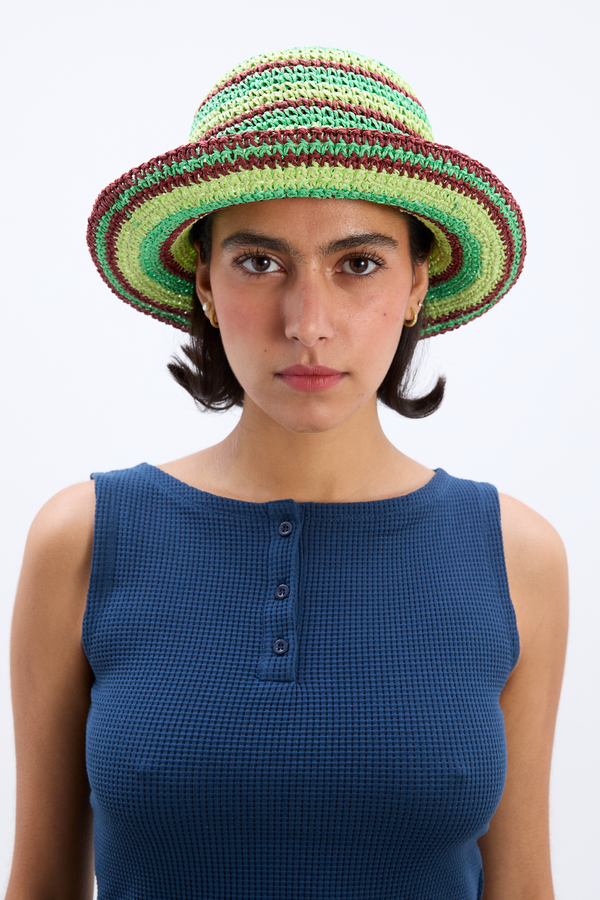 damson madder raffia bucket hat in tropical stripe