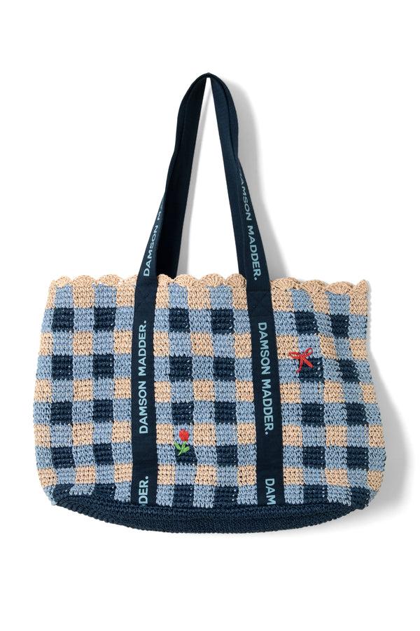 Damson Madder Raffia Tote Bag - Navy Margot Gingham