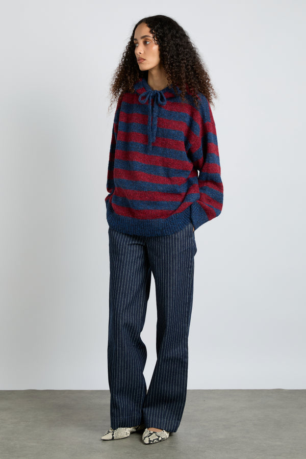 Damson Madder Riley Knit Hoodie - Red Navy Stripe