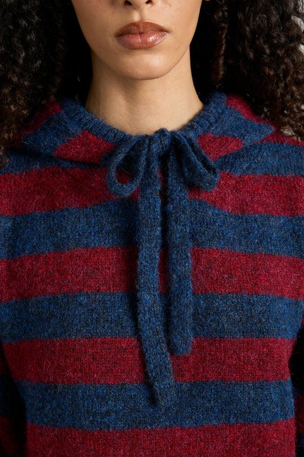 Damson Madder Riley Knit Hoodie - Red Navy Stripe