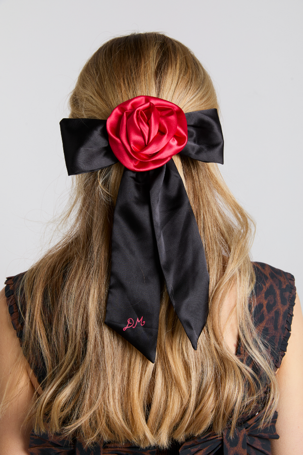 damson madder rosette bow clip - black & red satin