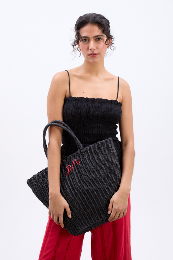 Damson Madder Straw Market Bag With Dm Logo