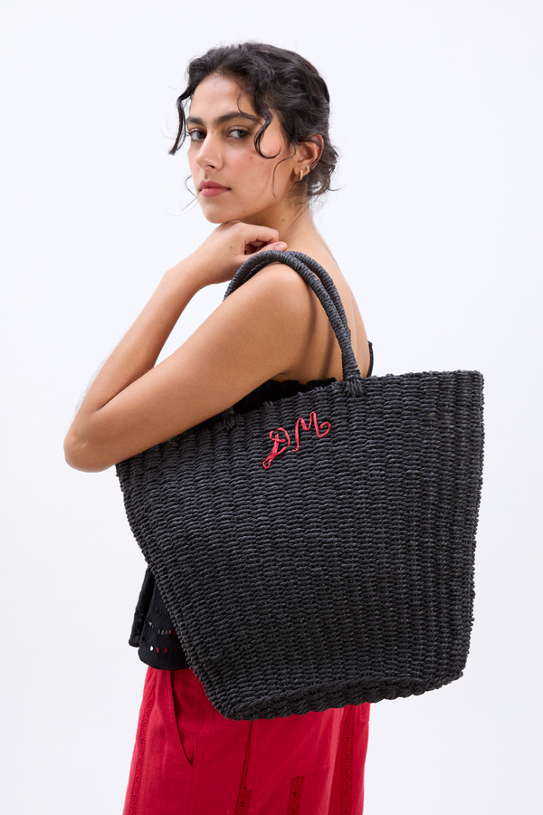 damson madder straw market bag with dm logo