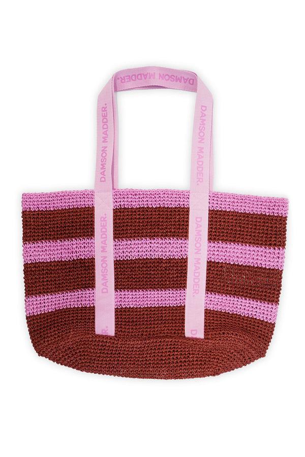 damson madder stripe raffia tote bag pink/red