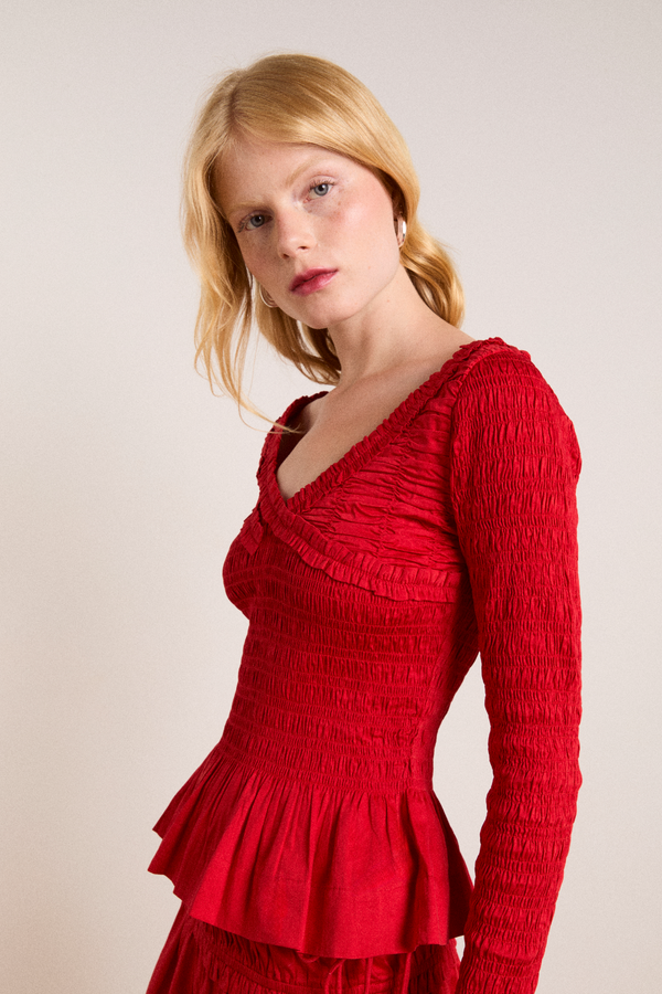 Damson Madder Suri Shirred Cotton Satin Blouse - Red