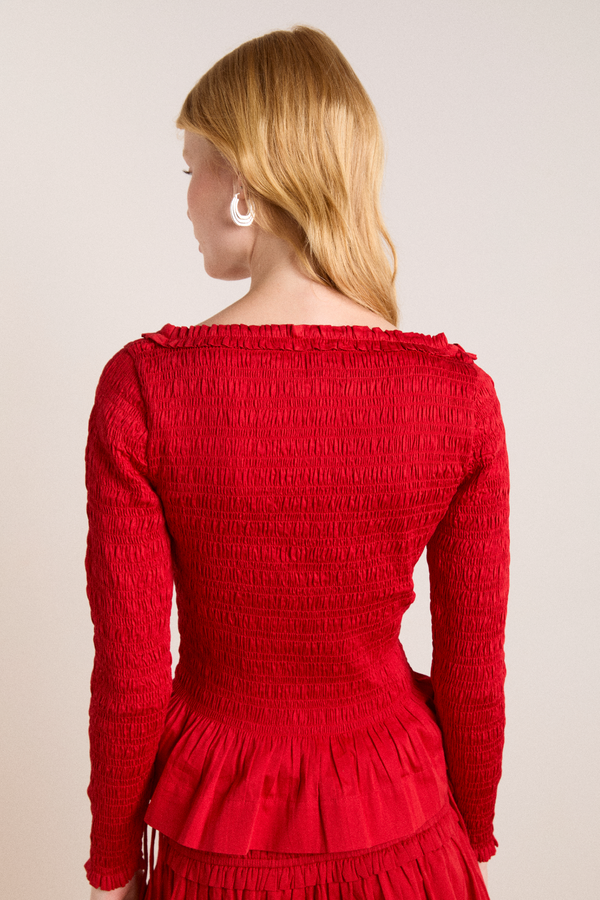 Damson Madder Suri Shirred Cotton Satin Blouse - Red