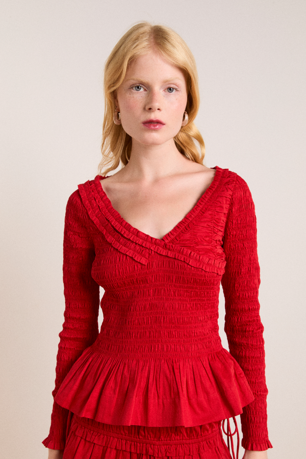 damson madder suri shirred cotton satin blouse - red