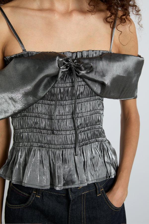 Damson Madder Elsa Shirred Bardot Cami - Grey Glass Satin