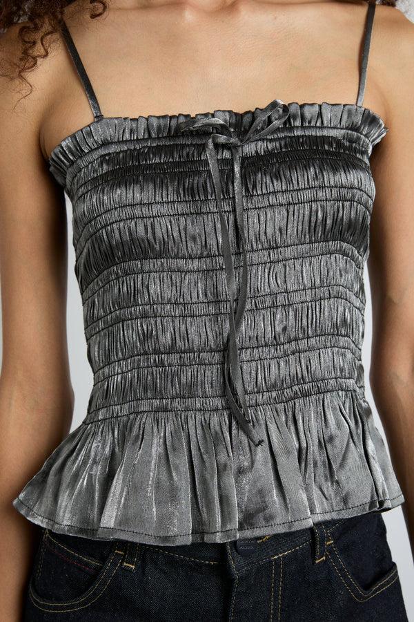 Damson Madder Elsa Shirred Bardot Cami - Grey Glass Satin